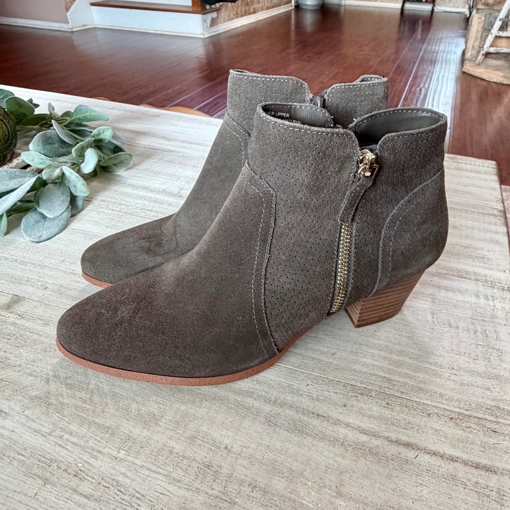 Violet & Red Carley Grey Suede Leather Ankle Boots Pointed Toe Block Heel 8.5M